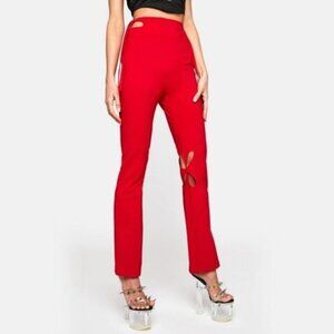 Zemeta ✦ Holey Pray Cut-Out Pants Sz M ✦ Cherry Red Semi-Flare High Waist NWT